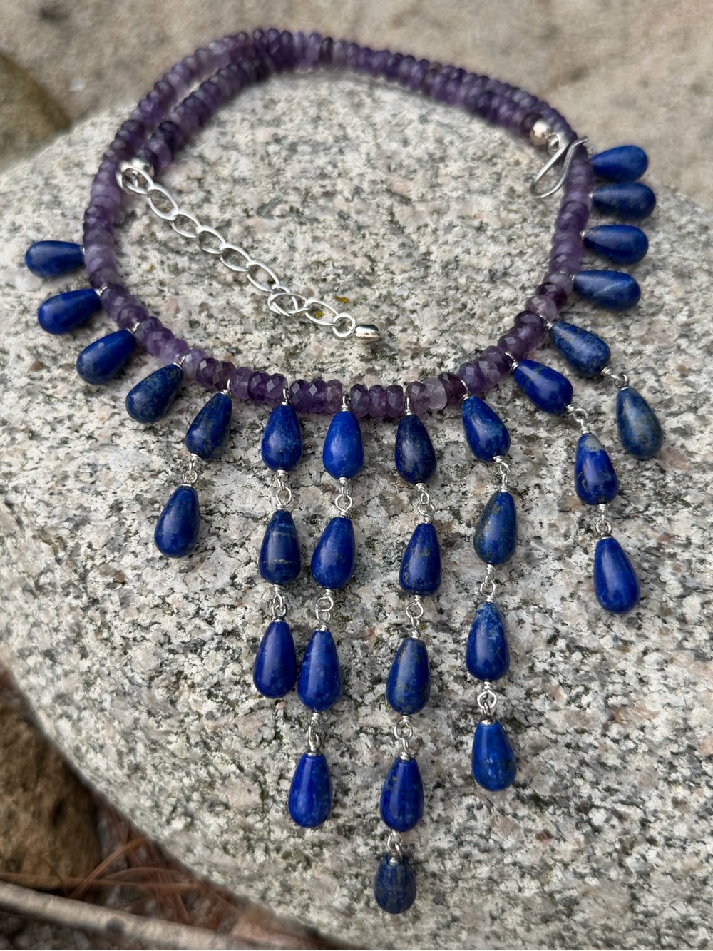 Amethyst and Lapis Lazuli Teardrop Statement Necklace(274)